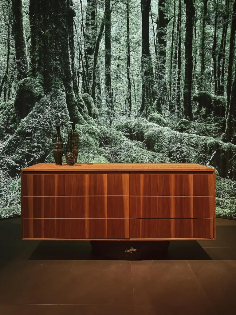 Mueble bajo en madera de tōtara con cerámica artesanal sobre la cubierta, frente al mural de bosque neozelandés que ambientó la instalación Nature–Ritual de Fisher & Paykel en EuroCucina 2026.