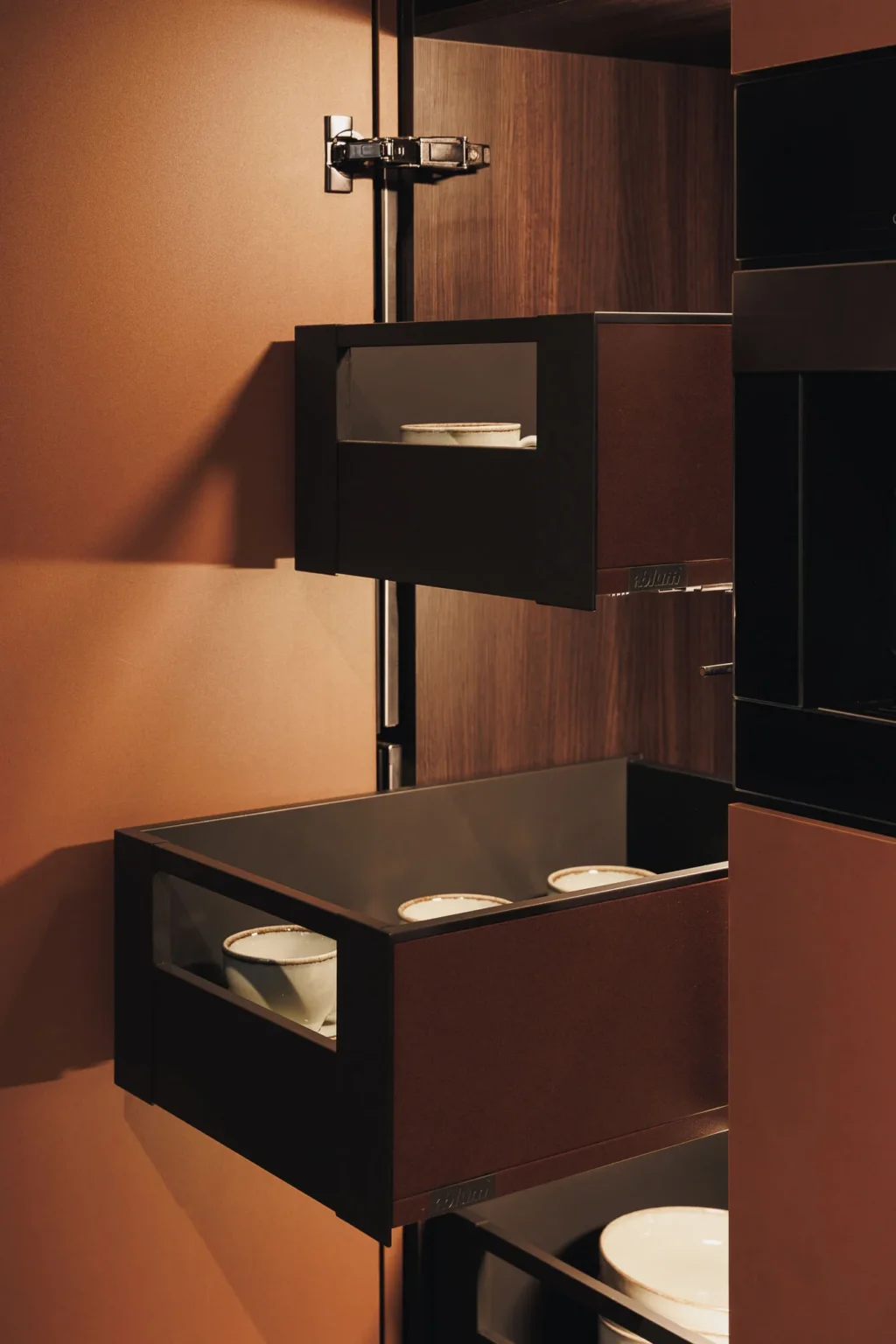 Blum Legrabox drawers in Noble Rust finish with black glass fronts and Onyx Black hinges, over dark wood interiors — Blum hardware by Vitelier.